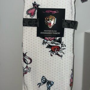 Ed Hardy White Plush Throw with Tattoo-Inspired Designs